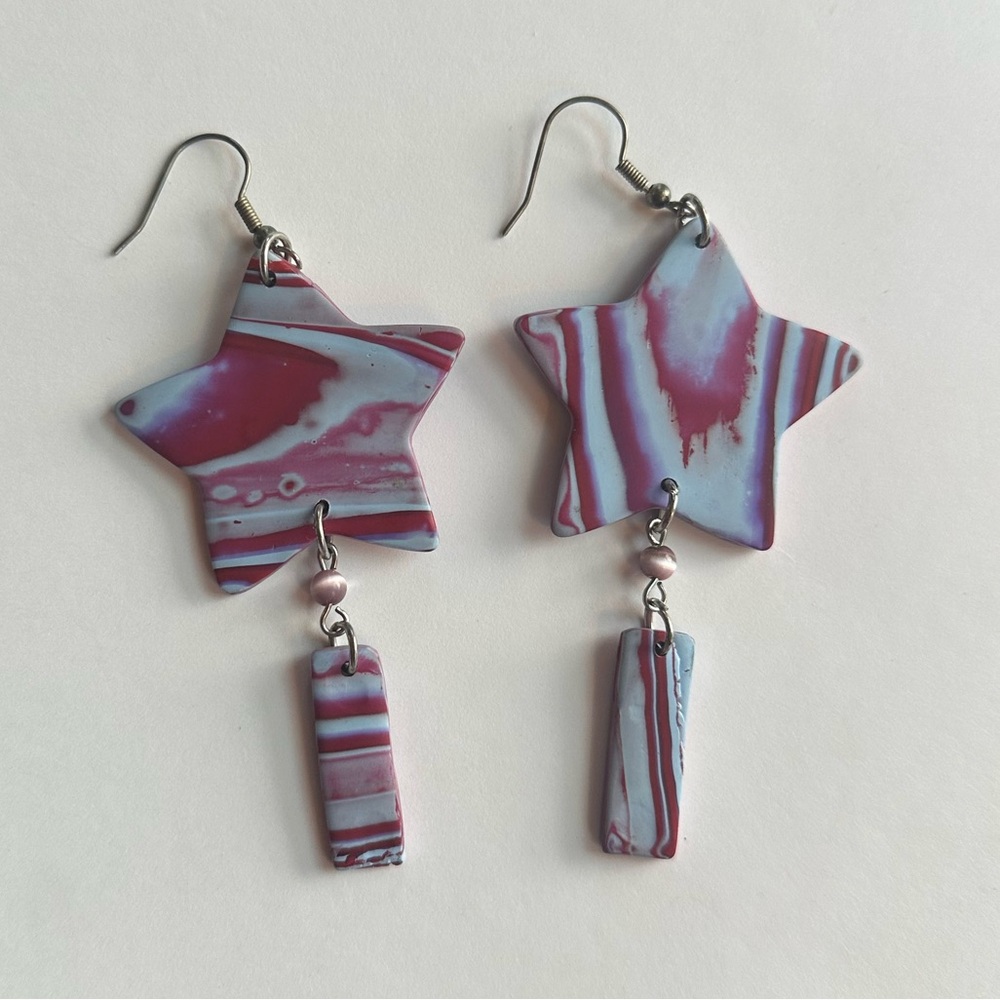 Handcrafted Pink and Light Blue Star Dangle Earrings